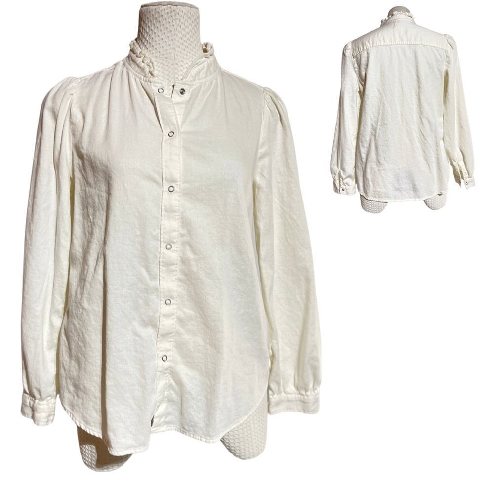 GAP White Ruffled Snap-Front Blouse | Size Medium | Long Sleeve Button Top